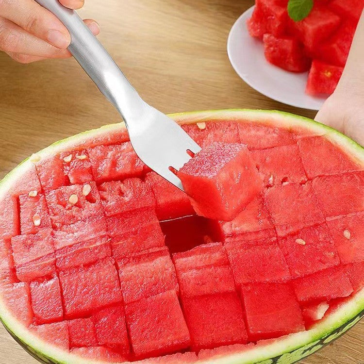 2 in 1 Watermelon Fork Slicer Multi-Purpose Stainless Steel Watermelon Slicer Cutter Kitchen Fruit Cutting Fork Fruit Divider Kitchen Gadgets
