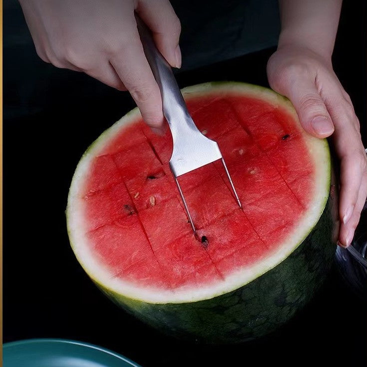 2 in 1 Watermelon Fork Slicer Multi-Purpose Stainless Steel Watermelon Slicer Cutter Kitchen Fruit Cutting Fork Fruit Divider Kitchen Gadgets