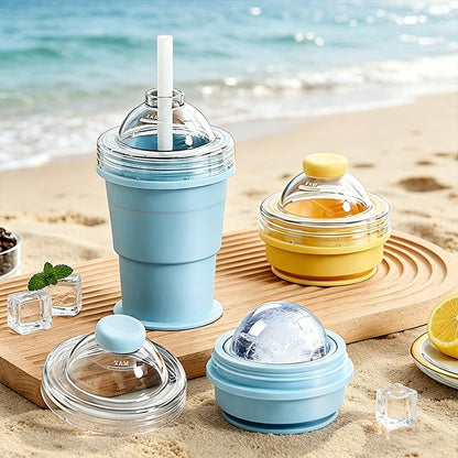 Foldable Ice Ball Cup Ice Mold and Water Bottle 2In1 Silicone Portable Ice Making Cup for Coffee Juice Drinks