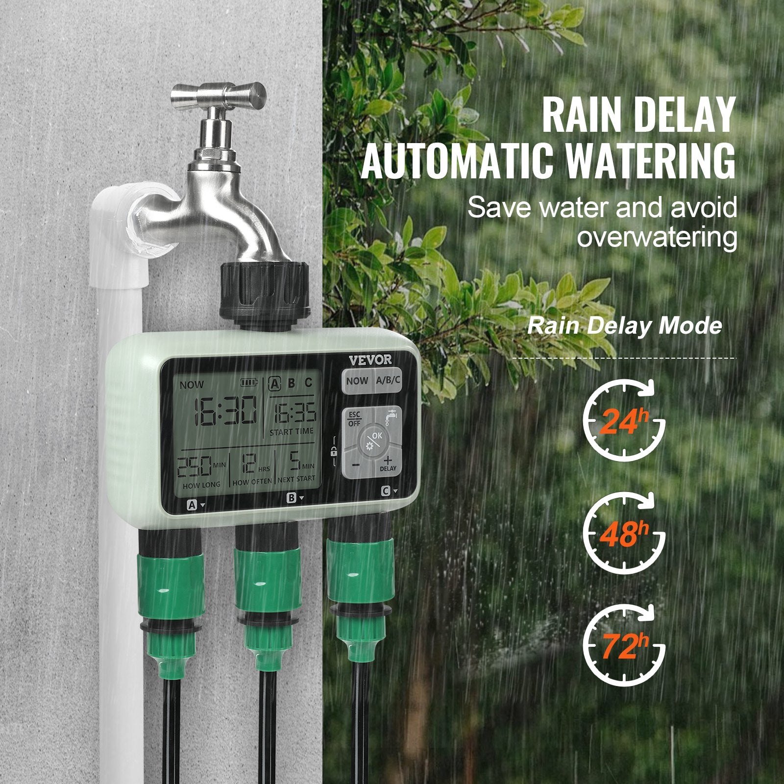 Water Timer, 3 Outlets, Hose Watering Sprinkler Timer, with 3 Independent Watering Zone LCD Display Rain Delay Mode Manual Mode 360 Brass Inlet Metal Filter, IPX6 Waterproof for Yard Watering