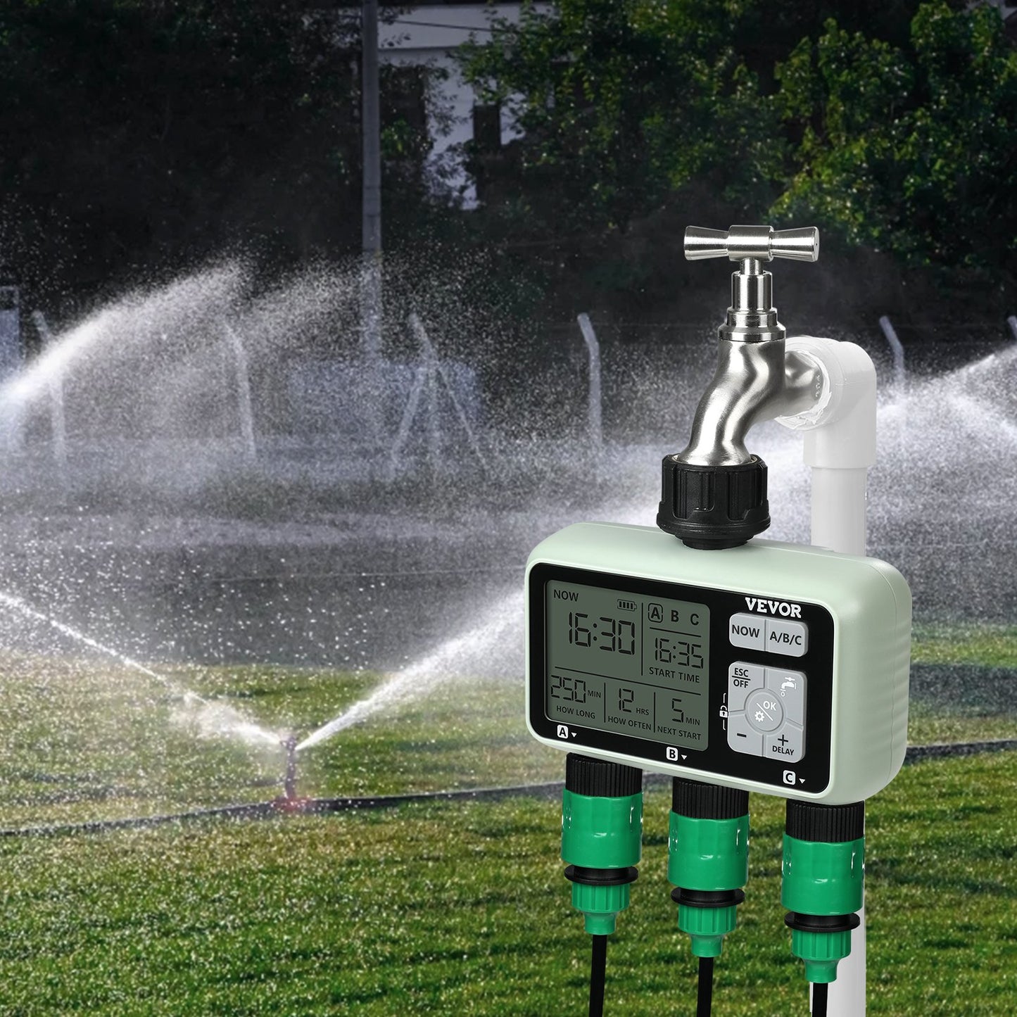 Water Timer, 3 Outlets, Hose Watering Sprinkler Timer, with 3 Independent Watering Zone LCD Display Rain Delay Mode Manual Mode 360 Brass Inlet Metal Filter, IPX6 Waterproof for Yard Watering